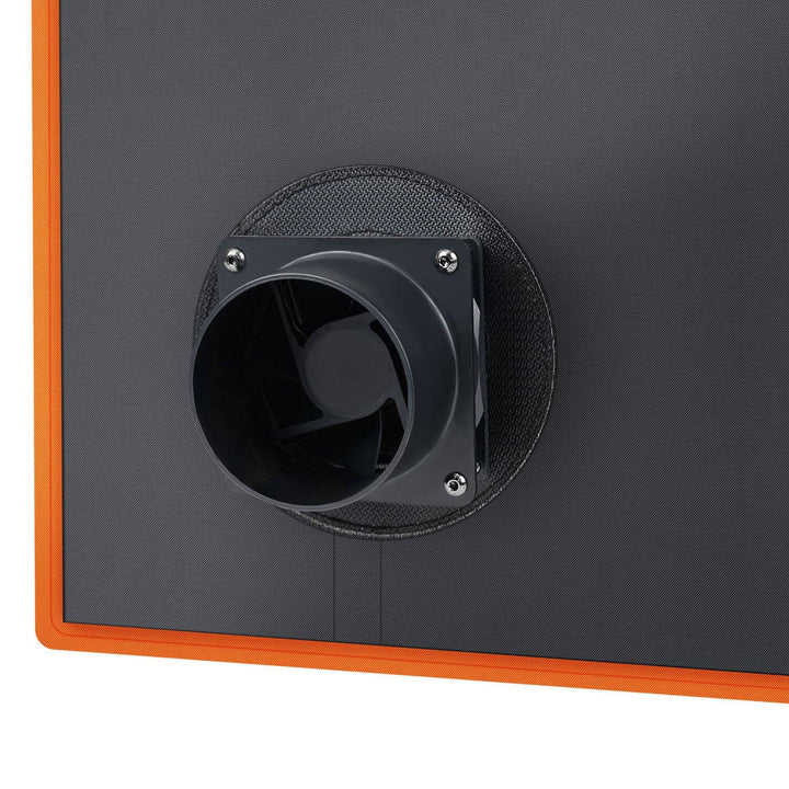 Black fan grille on a black panel with orange trim Twotrees TS2 Laser Engraver Enclosure with Smoke Control | Twotrees Laser Engraver Parts Accessories