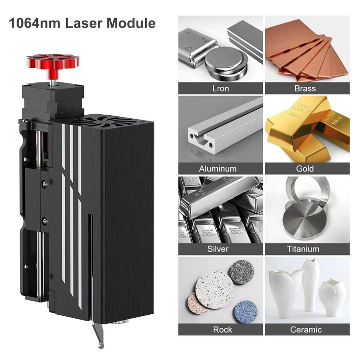 1064nm laser module with material compatibility images on a white background Twotrees TS2 Laser Engraving Machine 1064 Laser Head Kit | Twotrees Laser Engraver Parts Accessories