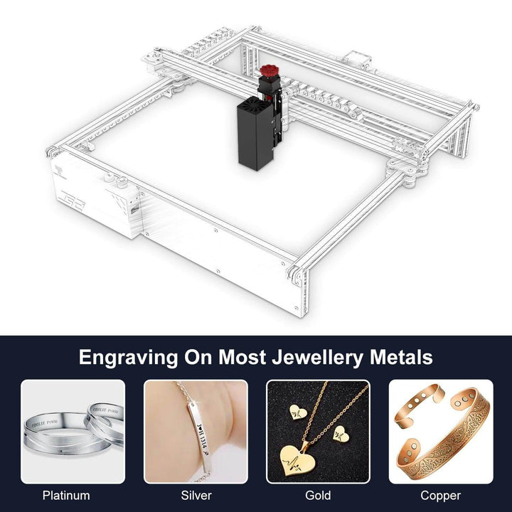 Jewelry engraving machine with a clear acrylic frame on a white background, featuring images of engraved jewelry below. Twotrees TS2 Laser Engraving Machine 1064 Laser Head Kit | Twotrees Laser Engraver Parts Accessories
