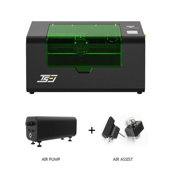 Black machine with green transparent cover, air pump, and air assist components on a white background Twotrees TS3 10W Black Enclosed Diode Laser Engraver - High Precision & Safety | Twotrees Laser Engraver