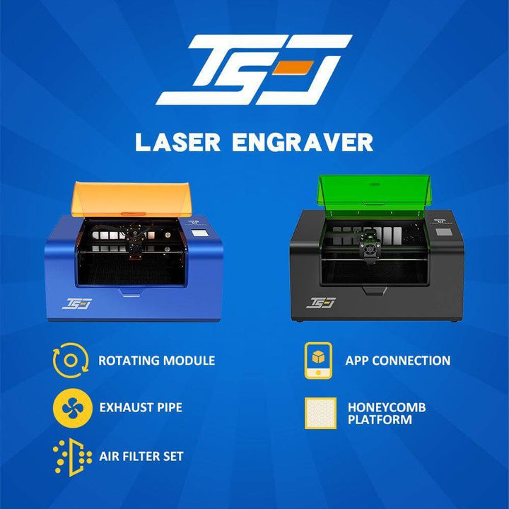 Two laser engravers with features listed on a blue background Twotrees TS3 10W Black Enclosed Diode Laser Engraver - High Precision & Safety | Twotrees Laser Engraver