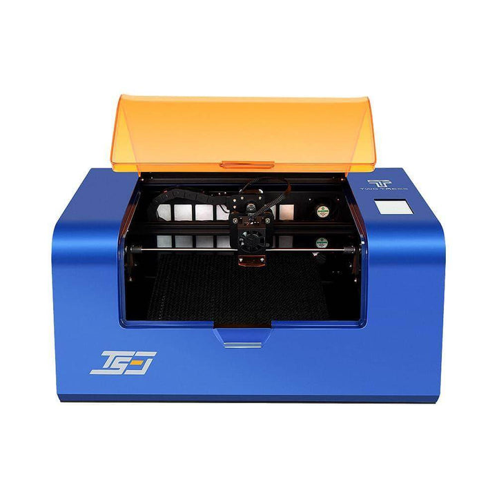 Blue laser cutting machine with an orange cover on a white background Twotrees TS3 10W Black Enclosed Diode Laser Engraver - High Precision & Safety | Twotrees Laser Engraver