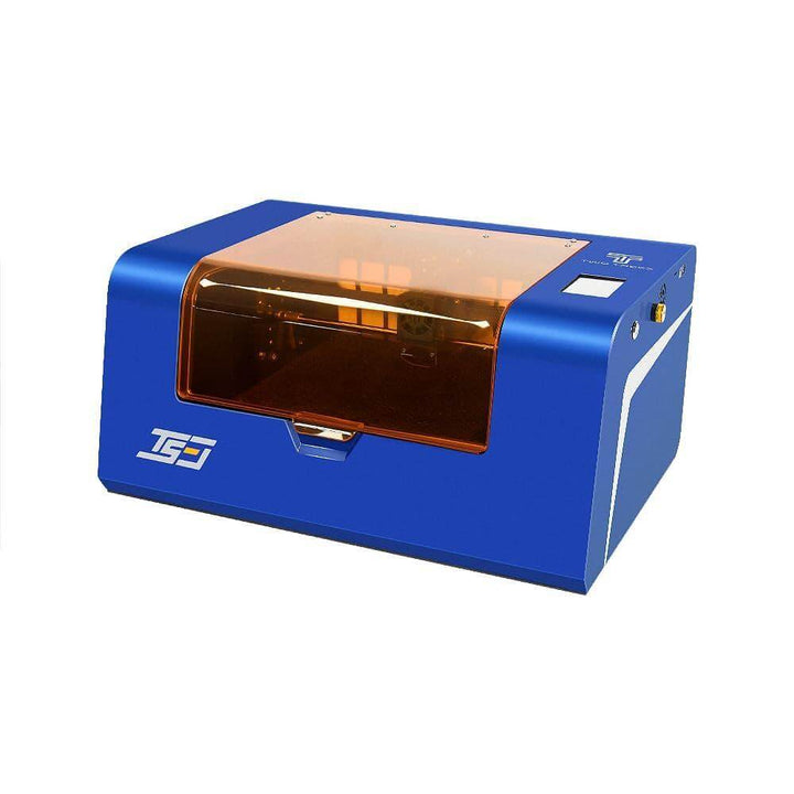 Blue laser engraving machine with a transparent orange cover on a white background Twotrees TS3 10W Black Enclosed Diode Laser Engraver - High Precision & Safety | Twotrees Laser Engraver