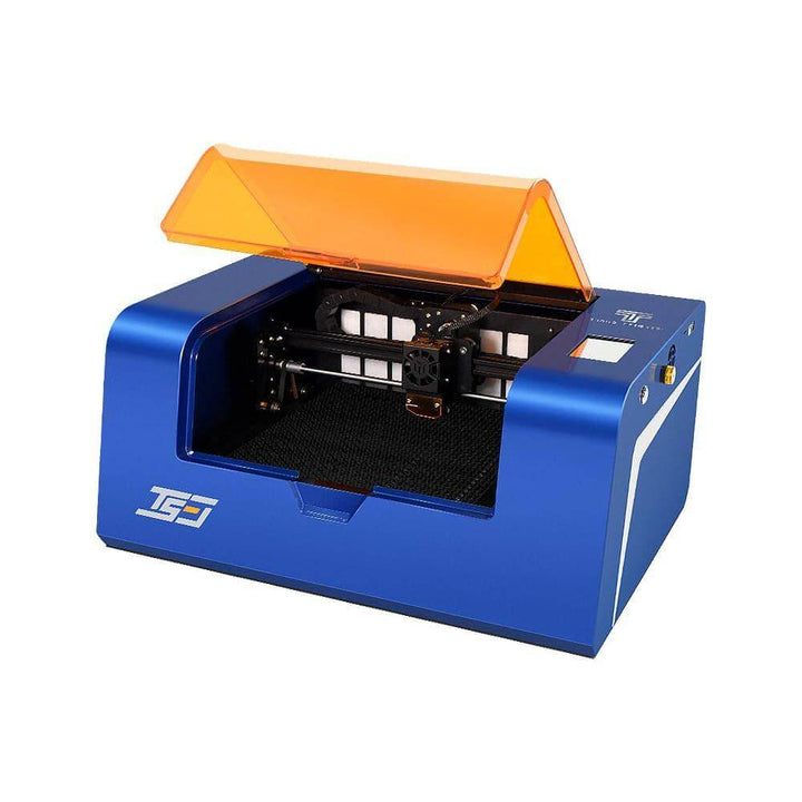 Blue and orange machine with a transparent lid on a white background Twotrees TS3 10W Black Enclosed Diode Laser Engraver - High Precision & Safety | Twotrees Laser Engraver