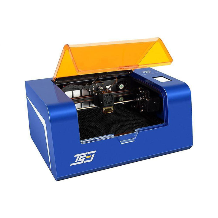 Blue laser cutting machine with orange lid on a white background Twotrees TS3 10W Black Enclosed Diode Laser Engraver - High Precision & Safety | Twotrees Laser Engraver