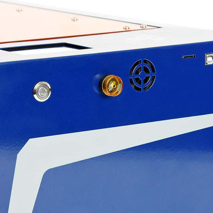 Close-up of a blue and white object with circular and hexagonal elements. Twotrees TS3 10W Black Enclosed Diode Laser Engraver - High Precision & Safety | Twotrees Laser Engraver