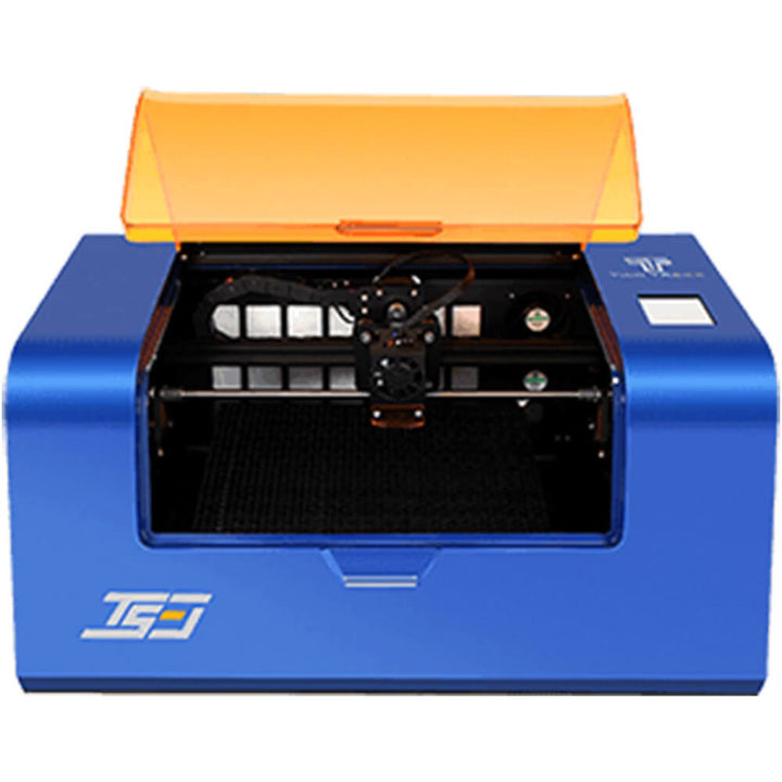 Blue and orange machine with a transparent lid on a white background Twotrees TS3 10W Black Enclosed Diode Laser Engraver - High Precision & Safety | Twotrees Laser Engraver
