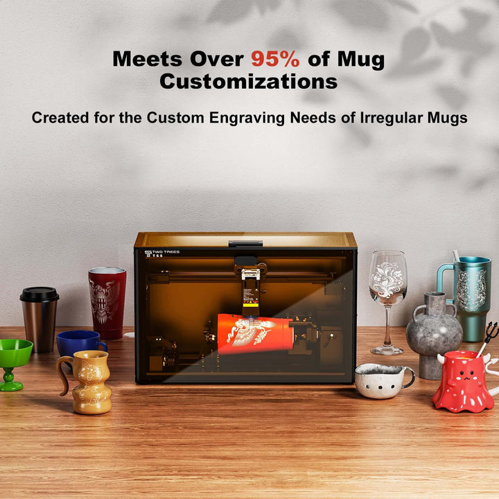 3D printer in use with various mugs on a wooden surface, text about mug customizations. Twotrees TS5 7W Laser Engraver - Precision and Performance for Your Projects | Twotrees Laser Engraver