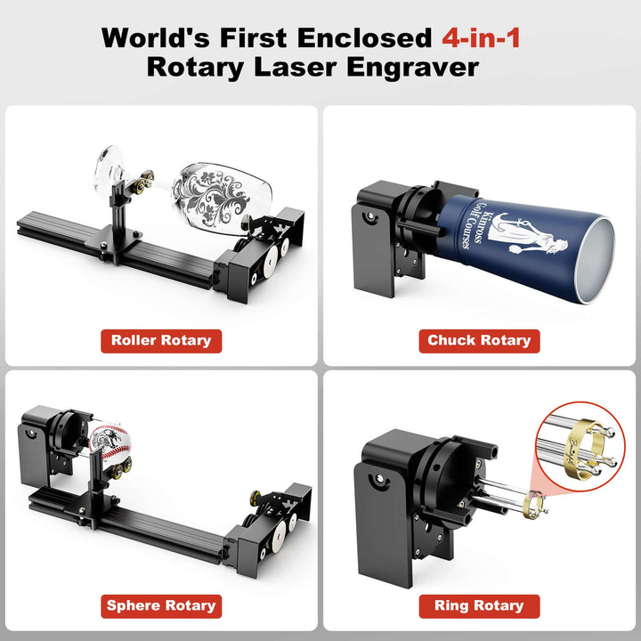 World's First Enclosed 4-in-1 Rotary Laser Engraver with various rotary options on a gray background. Twotrees TS5 7W Laser Engraver - Precision and Performance for Your Projects | Twotrees Laser Engraver