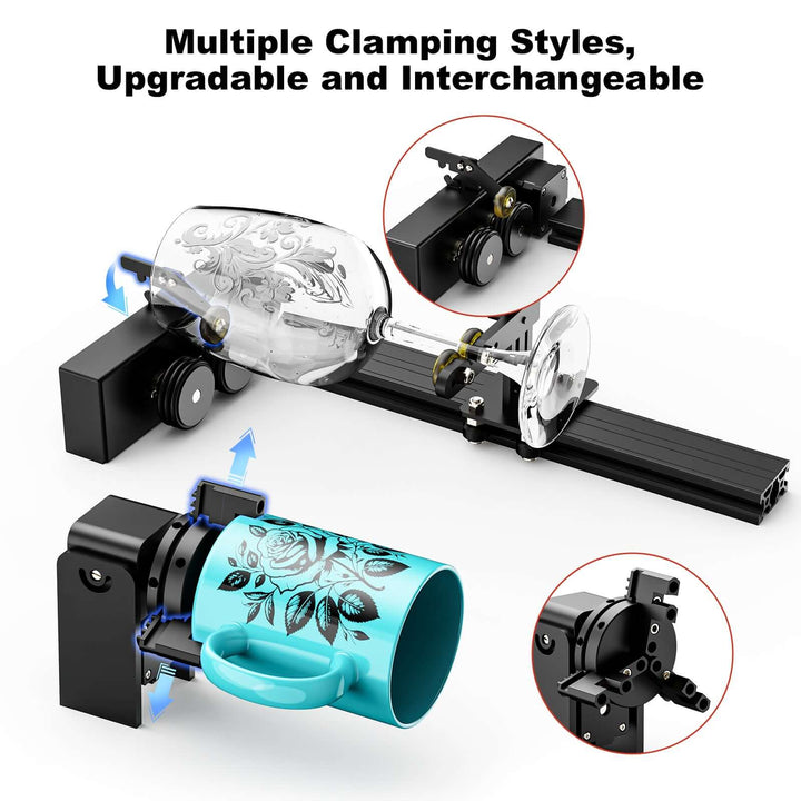 Clamping tool with multiple clamping styles, upgradeable, and interchangeable features on a white background. Twotrees TS5 7W Laser Engraver - Precision and Performance for Your Projects | Twotrees Laser Engraver
