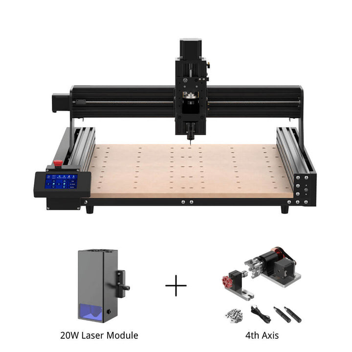 CNC machine with 20W laser module and 4th axis on a white background Twotrees TTC 450 Affordable CNC Router Machine | Twotrees CNC Router