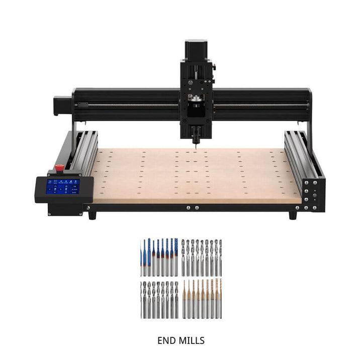 CNC machine with a wooden workbench and a set of end mills on a white background Twotrees TTC 450 Affordable CNC Router Machine | Twotrees CNC Router