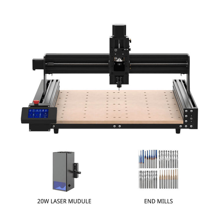 CNC machine with laser module and end mills on a white background Twotrees TTC 450 Affordable CNC Router Machine | Twotrees CNC Router