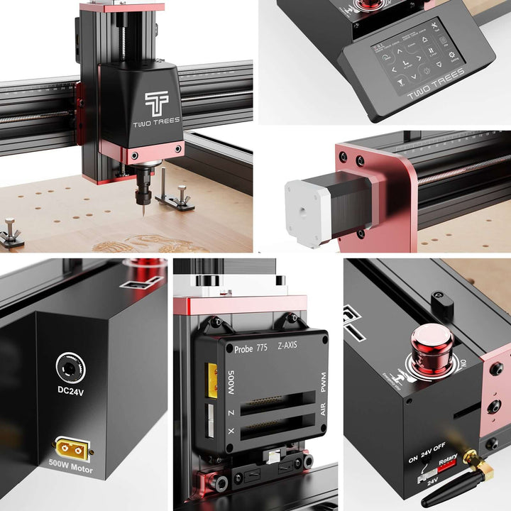 Collage of a 3D printer with various components and branding visible. Two Trees TTC 450 Pro CNC Router Machine | Twotrees CNC Router