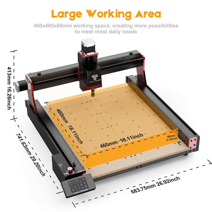 CNC machine with a large working area and dimensions labeled on a white background Two Trees TTC 450 Pro CNC Router Machine | Twotrees CNC Router