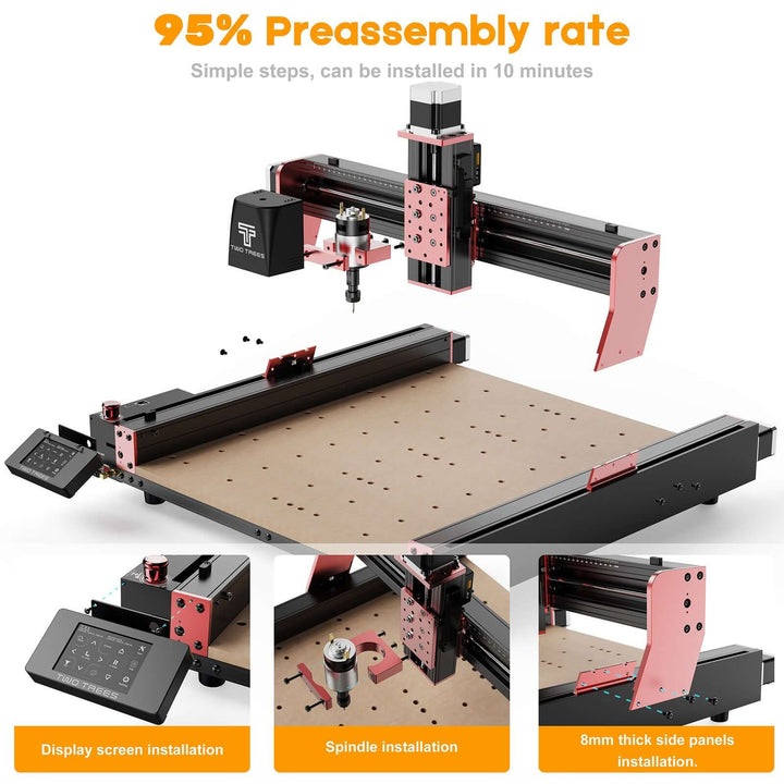 CNC machine with preassembly rate text and installation steps on a white background Two Trees TTC 450 Pro CNC Router Machine | Twotrees CNC Router
