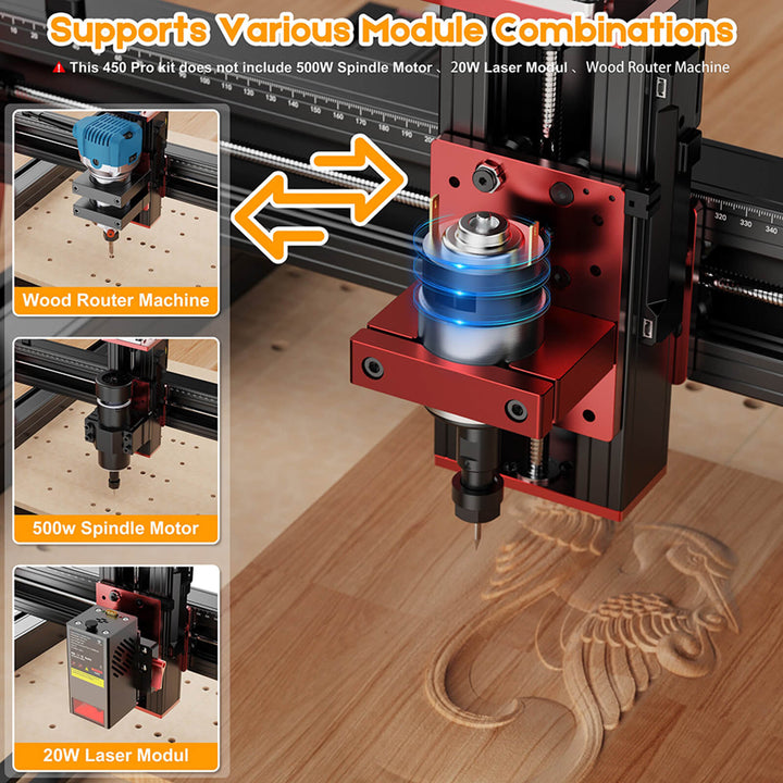 Wood router machine with various modules on a wooden surface Two Trees TTC 450 Pro CNC Router Machine | Twotrees CNC Router