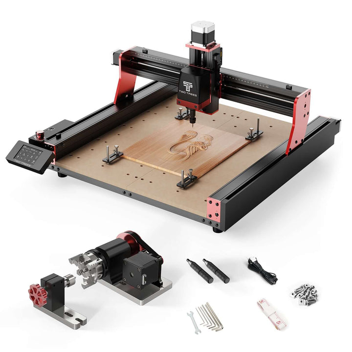 CNC machine with wooden engraving on a white background Two Trees TTC 450 Pro CNC Router Machine | Twotrees CNC Router