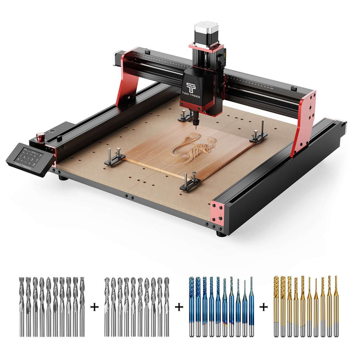 CNC machine with a wooden board and drill bits on a white background Two Trees TTC 450 Pro CNC Router Machine | Twotrees CNC Router