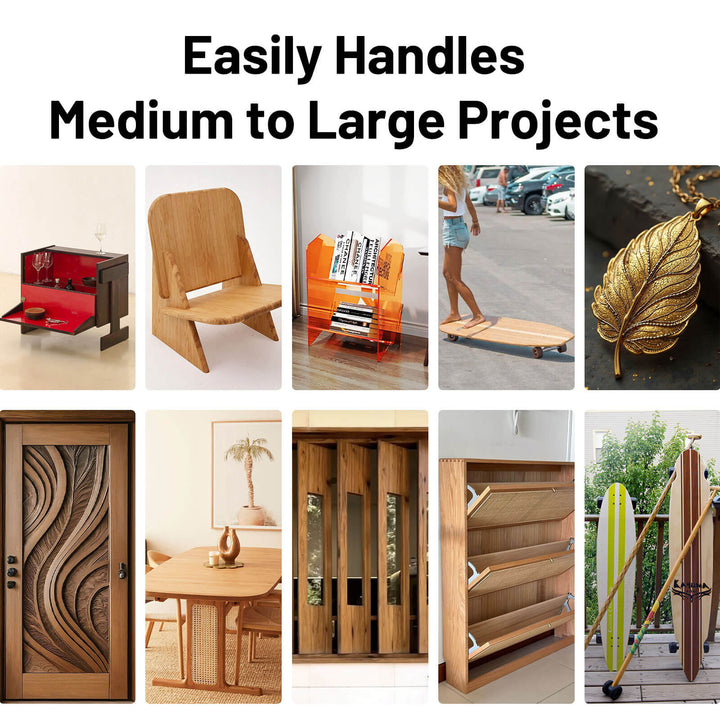 Collage of various wooden products with text 'Easily Handles Medium to Large Projects' on a white background. Twotrees TTC-H40 H80 CNC Router Machine Powerful Versatile | Twotrees CNC Router