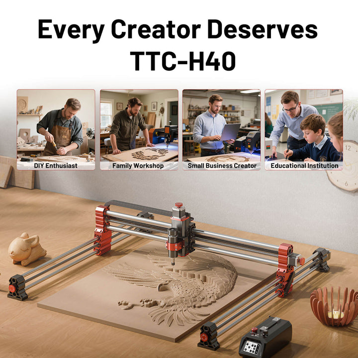 3D printer with a created design on a wooden table, surrounded by images of people in different settings. Twotrees TTC-H40 H80 CNC Router Machine Powerful Versatile | Twotrees CNC Router