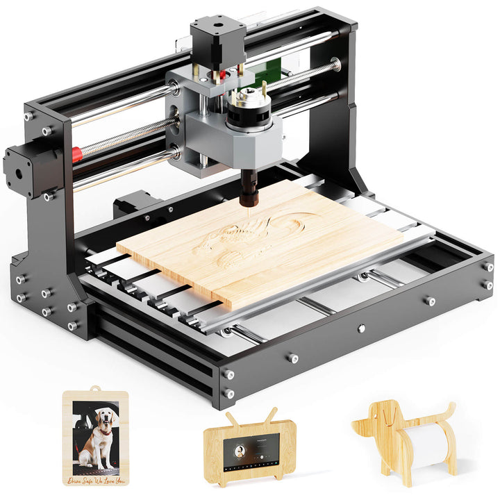 CNC machine carving a design on wood with examples of projects below Twotrees TTC3018 CNC Router Machine Affordable Precision | Twotrees CNC Router