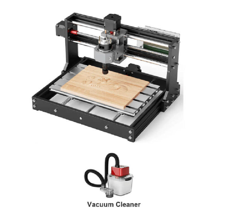 CNC machine with a piece of wood on a white background, accompanied by a vacuum cleaner. Twotrees TTC3018 CNC Router Machine Affordable Precision | Twotrees CNC Router