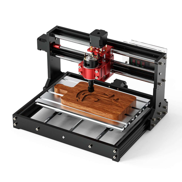 CNC machine carving a wooden block on a white background Twotrees TTC3018 Pro Advanced CNC Router Machine | Twotrees CNC Router