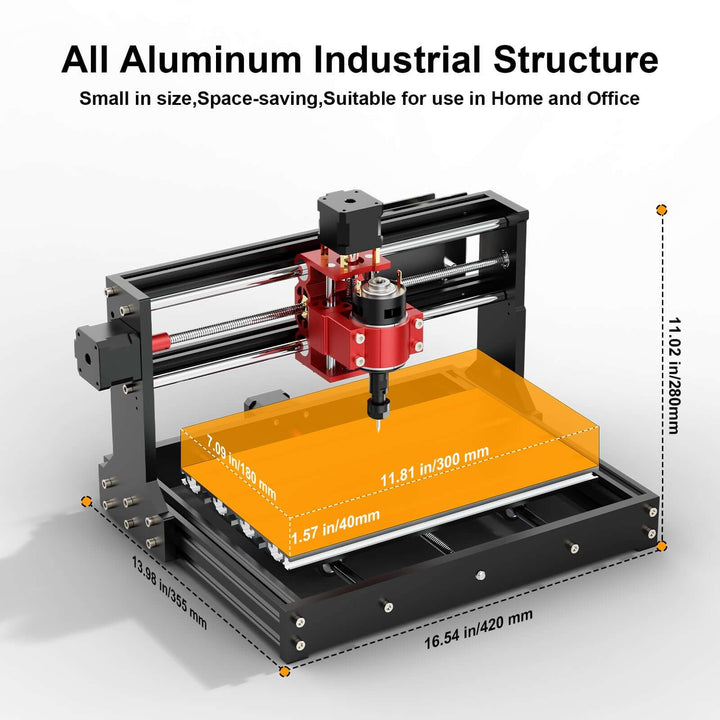 3D printer with dimensions labeled on a white background Twotrees TTC3018 Pro Advanced CNC Router Machine | Twotrees CNC Router