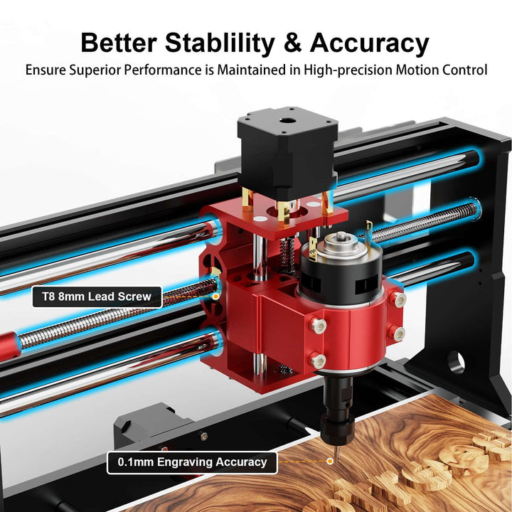 High-precision motion control system with T8 8mm lead screw and 0.1mm engraving accuracy on a white Twotrees TTC3018 Pro Advanced CNC Router Machine | Twotrees CNC Routerbackground.