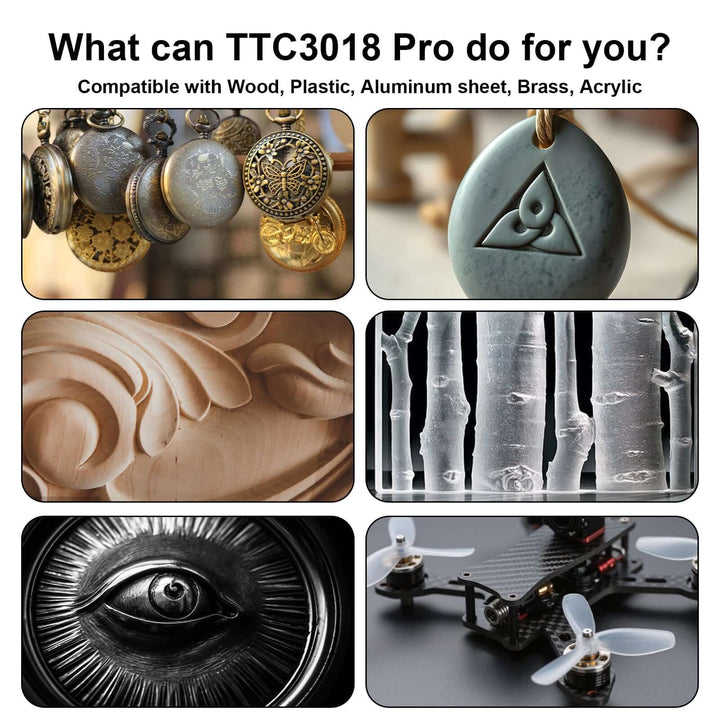 Promotional image of TTC3018 Pro with examples of materials it can work on. Twotrees TTC3018 Pro Advanced CNC Router Machine | Twotrees CNC Router