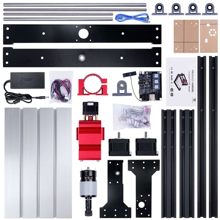 Collection of 3D printer components including metal frames, motors, and electronic parts on a white background. Twotrees TTC3018 Pro Advanced CNC Router Machine | Twotrees CNC Router