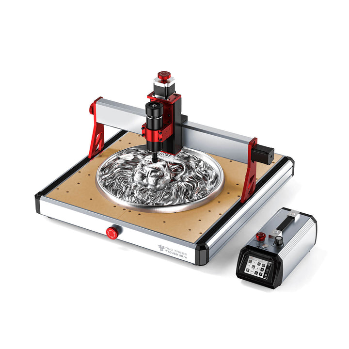 CNC machine with a metal object on a white background Twotrees TTC450 Ultra CNC Router for Precision Work | Twotrees CNC Router