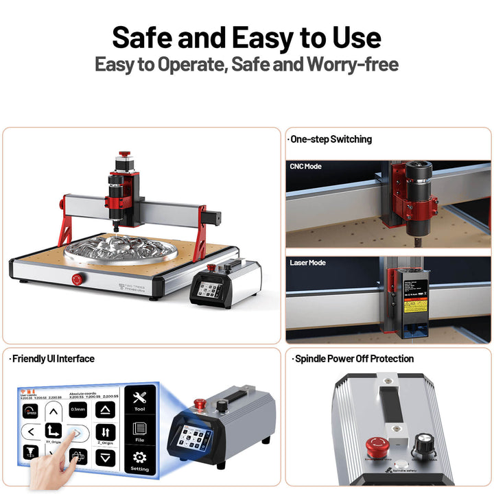 CNC machine with safety features highlighted on a white background Twotrees TTC450 Ultra CNC Router for Precision Work | Twotrees CNC Router