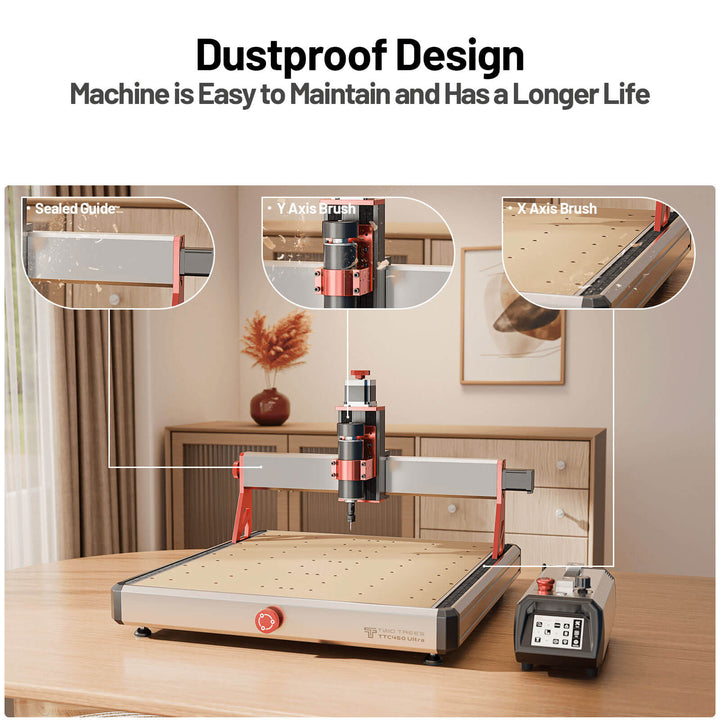 CNC machine with dustproof design features on a wooden table. Twotrees TTC450 Ultra CNC Router for Precision Work | Twotrees CNC Router