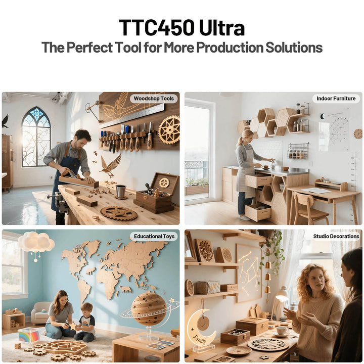 Collage of images showing the TTC450 Ultra tool in various applications including workshop, indoor furniture, educational toys, and studio decor. Twotrees TTC450 Ultra CNC Router for Precision Work | Twotrees CNC Router