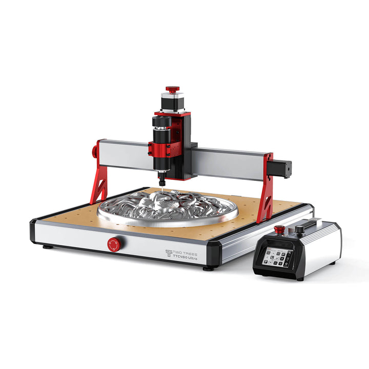 CNC machine with a metal object on a white background Twotrees TTC450 Ultra CNC Router for Precision Work | Twotrees CNC Router