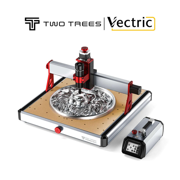 CNC machine with metal object on a white background, featuring Two Trees and Vectric logos. Twotrees TTC450 Ultra CNC Router for Precision Work | Twotrees CNC Router