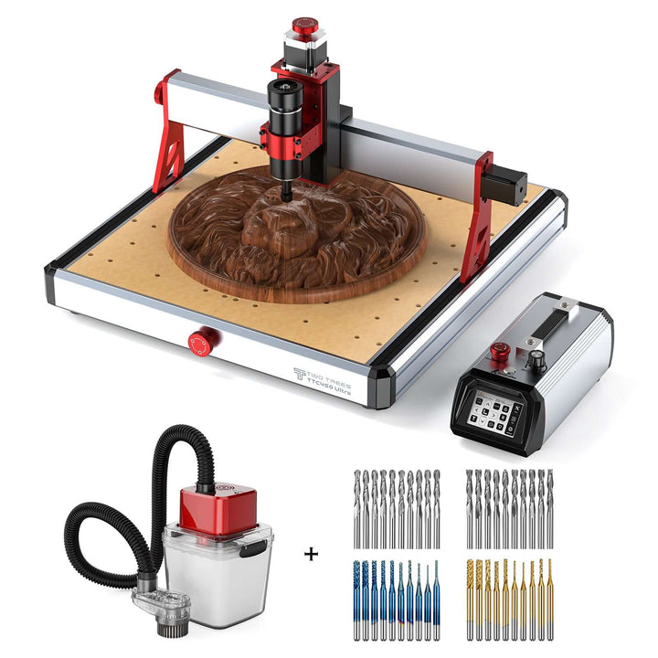 CNC machine with wooden engraving, air compressor, and drill bits on a white background Twotrees TTC450 Ultra CNC Router for Precision Work | Twotrees CNC Router