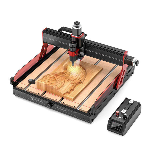 CNC machine carving a design into a wooden block on a white background Twotrees TTC6050 CNC Router for Precise Woodworking | Twotrees CNC Router