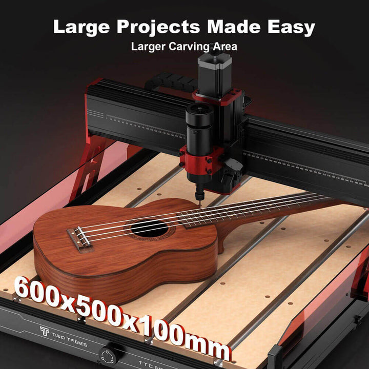CNC machine with a wooden ukulele on a table, highlighting larger carving area. Twotrees TTC6050 CNC Router for Precise Woodworking | Twotrees CNC Router