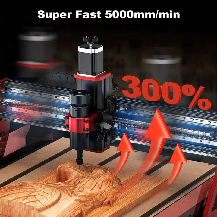 CNC machine carving a wooden sculpture with text indicating speed and efficiency. Twotrees TTC6050 CNC Router for Precise Woodworking | Twotrees CNC Router