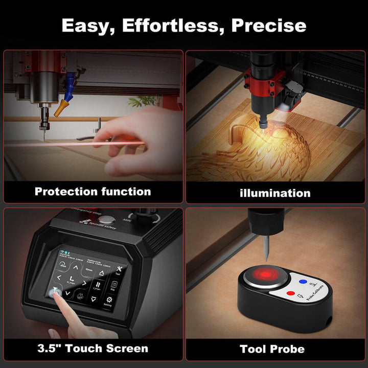 CNC machine with various features highlighted, including protection function, illumination, 3.5" touch screen, and tool probe. Twotrees TTC6050 CNC Router for Precise Woodworking | Twotrees CNC Router