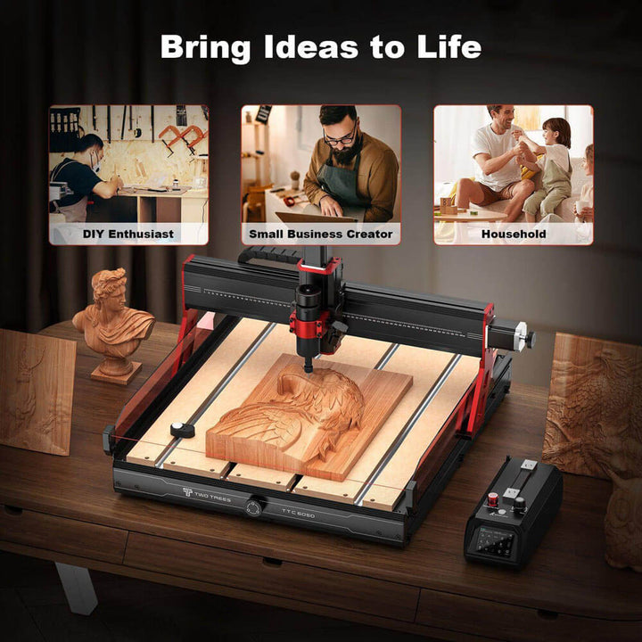 CNC machine on a wooden table with images of people and text 'Bring Ideas to Life' above. Twotrees TTC6050 CNC Router for Precise Woodworking | Twotrees CNC Router