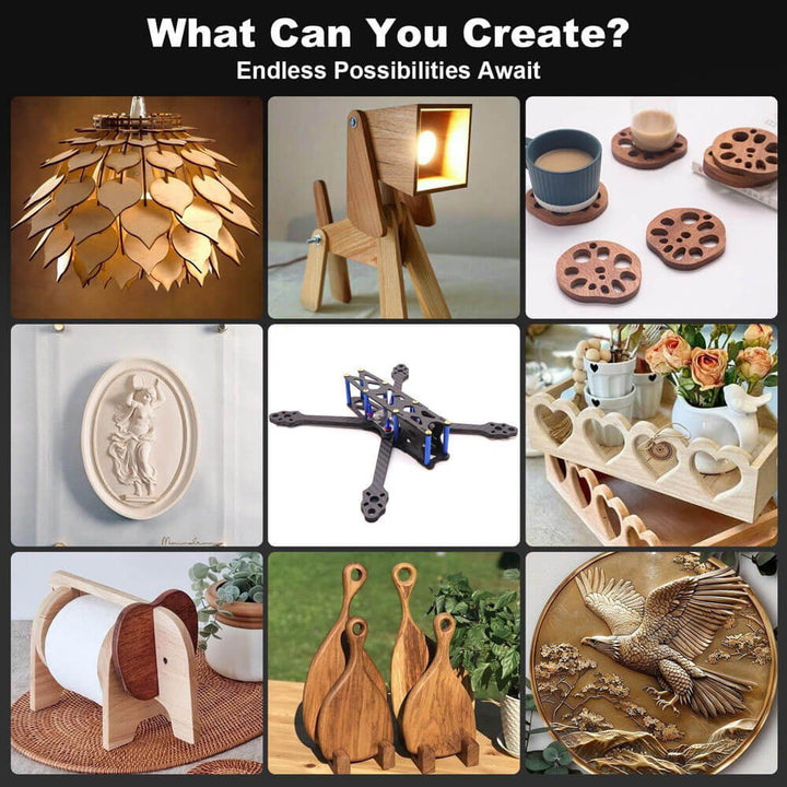 Collage of wooden creations with text 'What Can You Create? Endless Possibilities Await' on a black background. Twotrees TTC6050 CNC Router for Precise Woodworking | Twotrees CNC Router