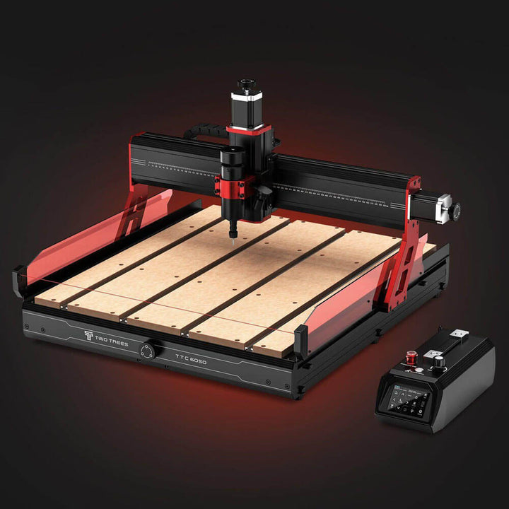 CNC machine on a wooden platform with a dark background Twotrees TTC6050 CNC Router for Precise Woodworking | Twotrees CNC Router