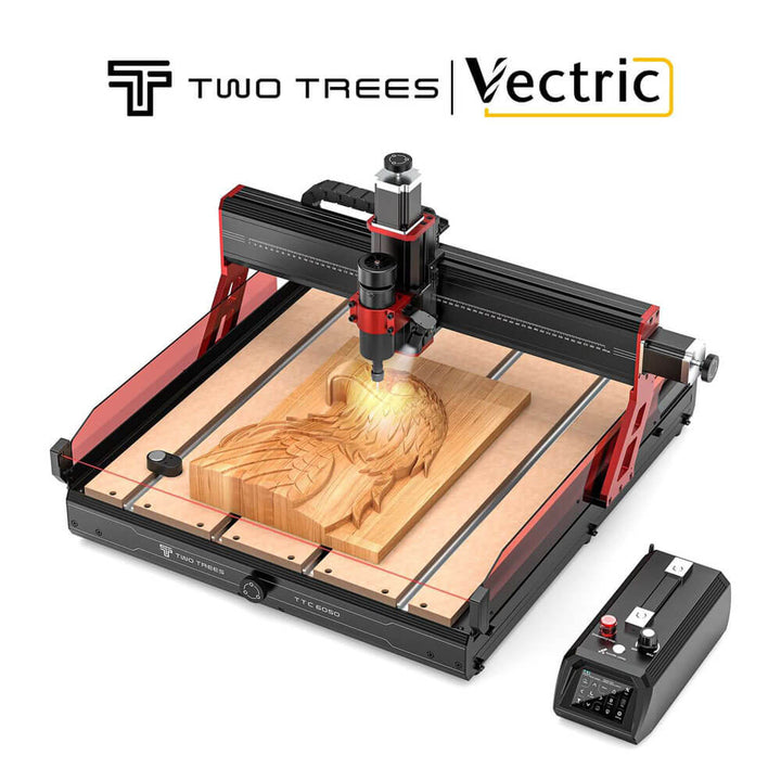 CNC machine carving a wooden design with 'Two Trees' and 'Vectric' branding. Twotrees TTC6050 CNC Router for Precise Woodworking | Twotrees CNC Router