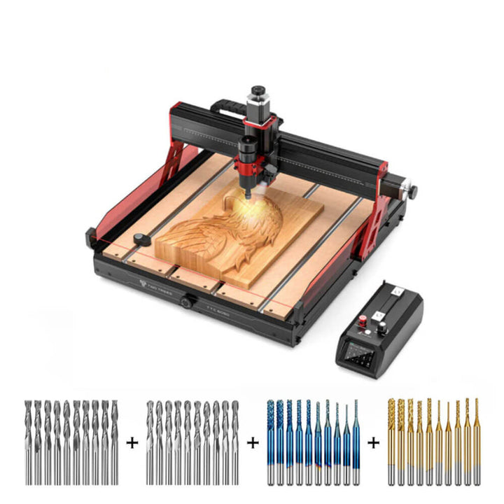 CNC machine carving a wooden block with additional drill bits displayed below on a white background Twotrees TTC6050 CNC Router for Precise Woodworking | Twotrees CNC Router