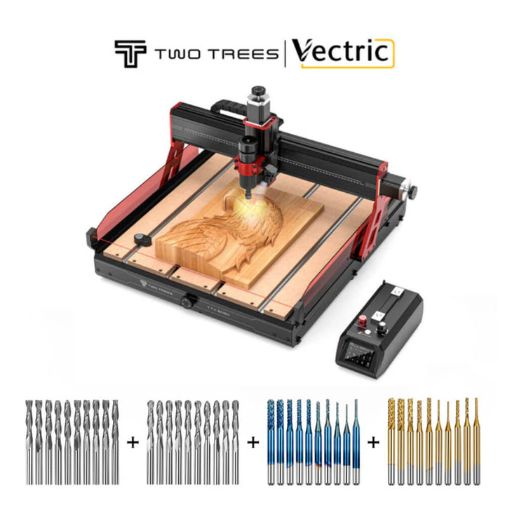 CNC machine with wood carving on a white background, featuring Two Trees and Vectric branding. Twotrees TTC6050 CNC Router for Precise Woodworking | Twotrees CNC Router