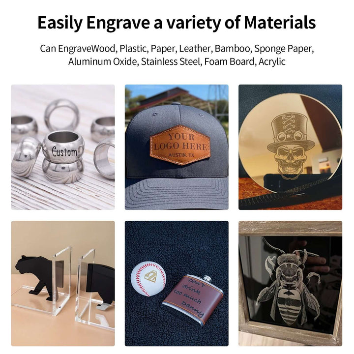 Various engraved items including cups, a cap, a skull design, a panther figure, a baseball, and a bee on a white background. Twotrees TTS-10 Pro Diode Laser Engraver High Precision Engraving and Cutting | Twotrees Laser Engraver